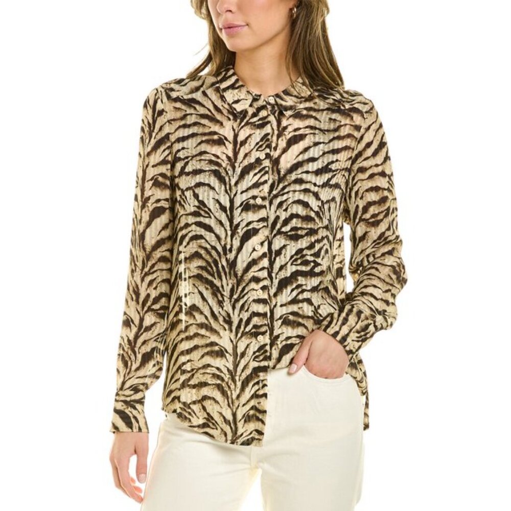 WITCHERY Tiger Print Shirt Blouse Tan Black Button Up Long Sleeves SZ 14